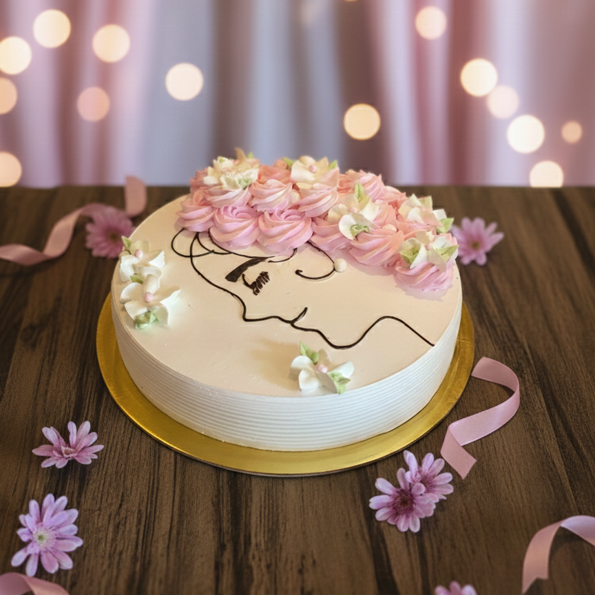 Decorative cake with floral design on a wooden table with pink flowers and ribbons, against a soft pink curtain for womens day
