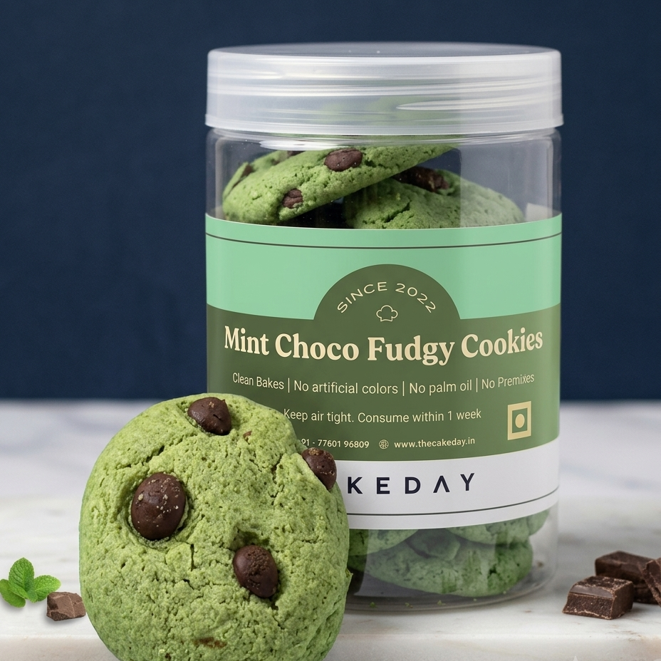 A clear plastic jar of mint chocolate fudgy cookies with a mint green label, styled on a white marble surface with a single cookie in front and mint leaves and chocolate chunks.