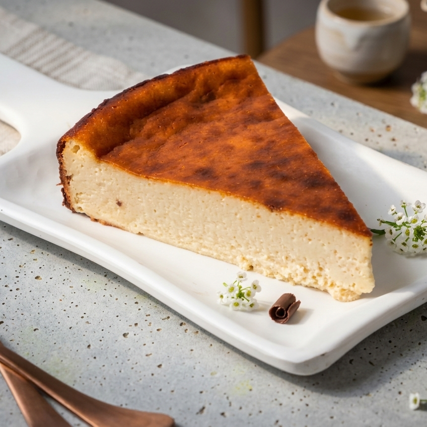 Slice of burnt basque cheesecake on a white plate with flowers and a fork on a gray surface