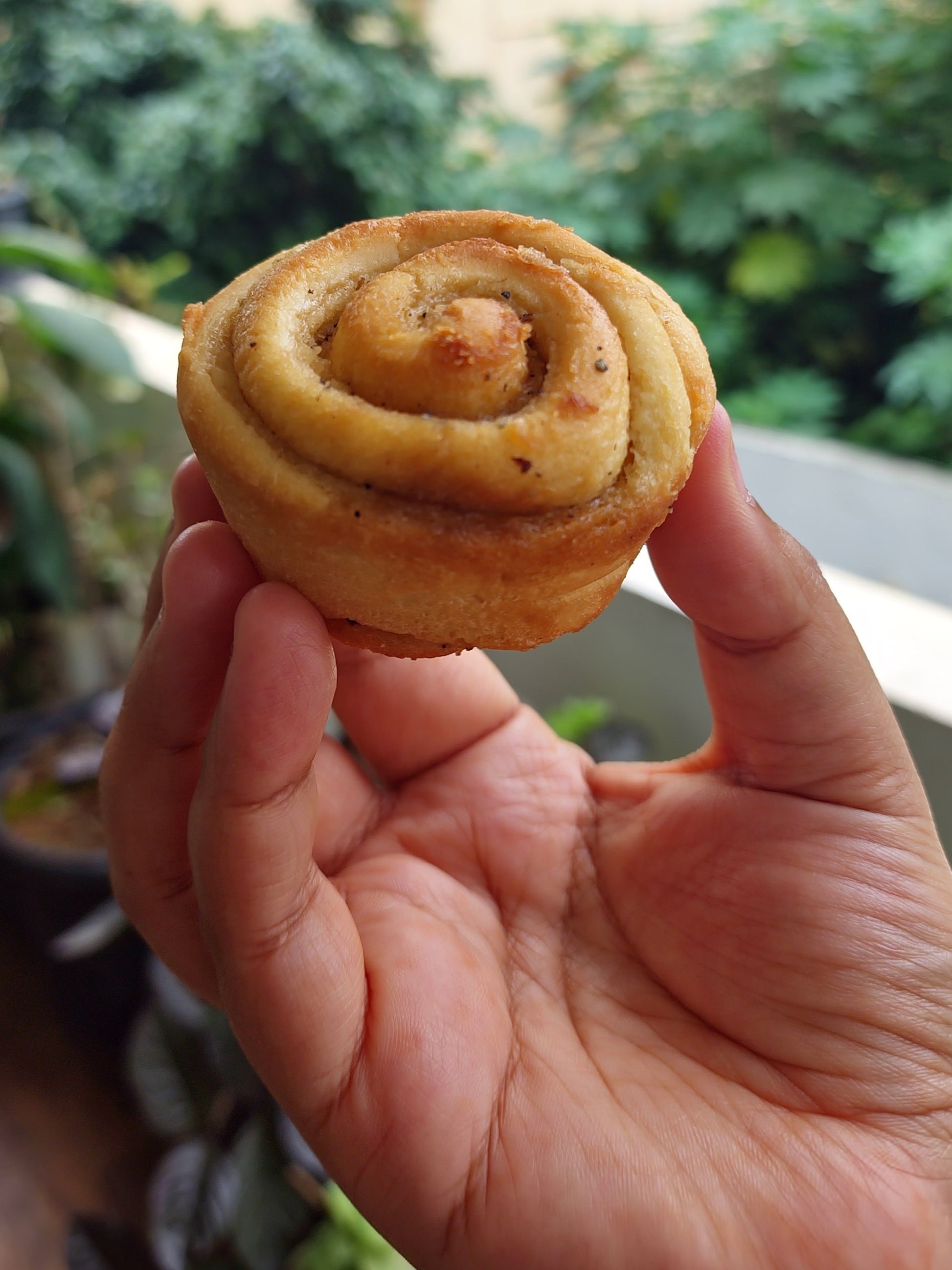 Hand holding a pastry with a blurred outdoor background