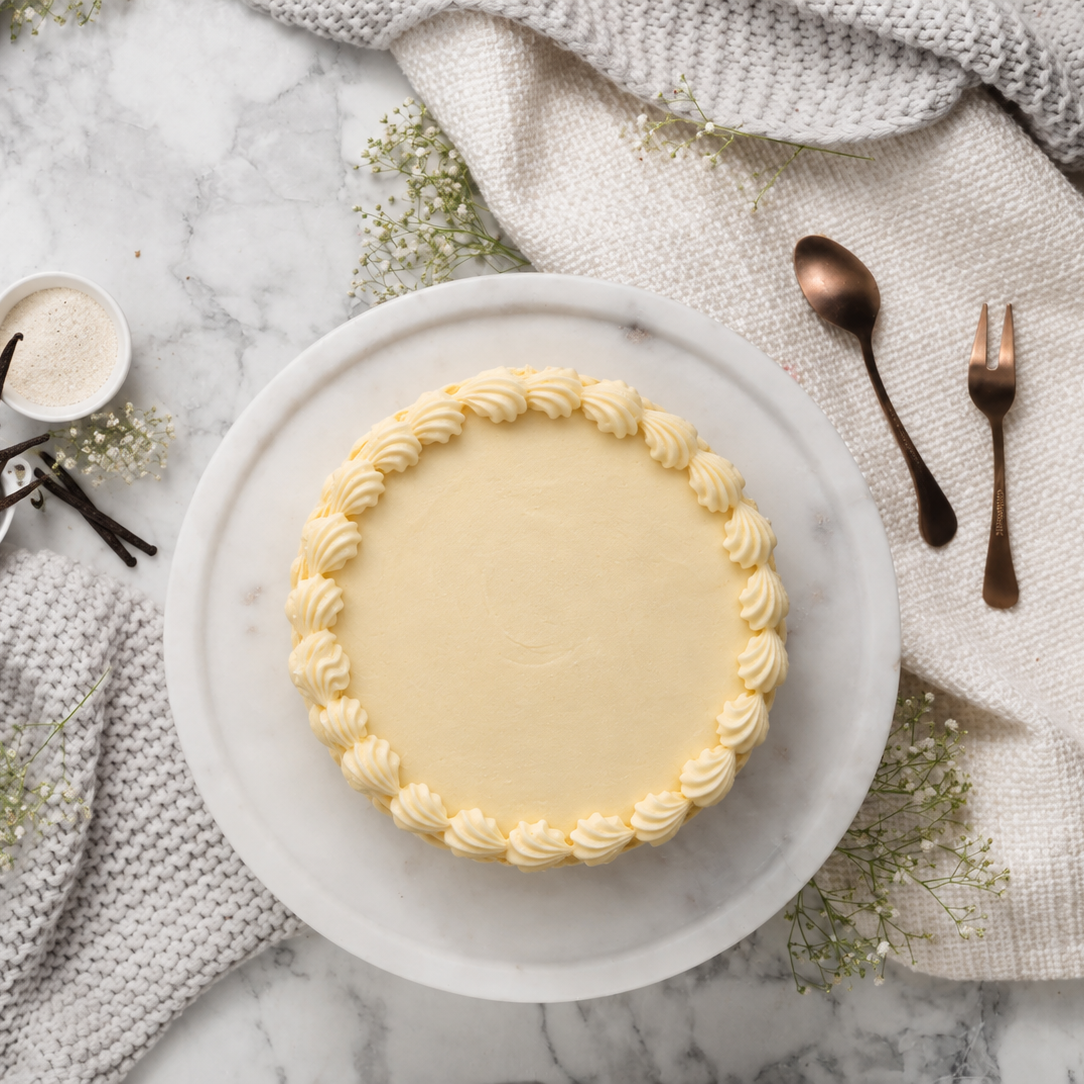 A round pale yellow dessert or pie on a white plate, styled in a flat lay with vanilla beans, sugar, spoons, and textured fabric on a marble surface.