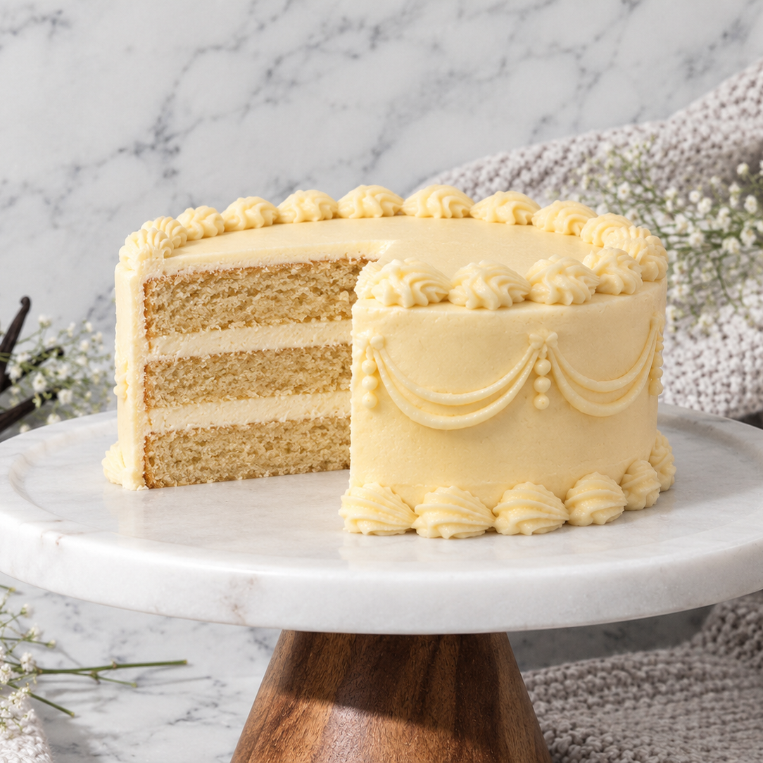 A layered vanilla cake with pale yellow frosting sits on a white marble cake stand. A slice has been cut from the side, showing the moist cake layers and cream-colored frosting.