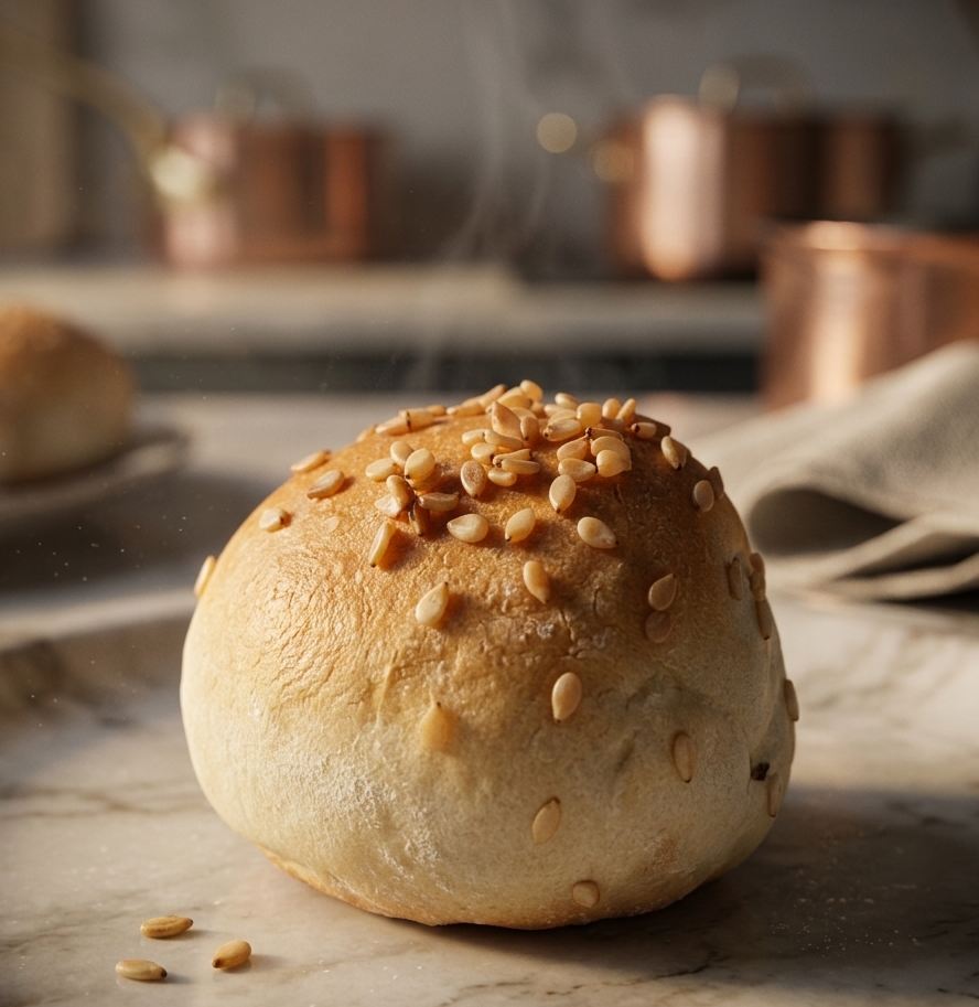 slide/ mini burger bun with sesame seeds on a marble surface, with a warm and rustic background.