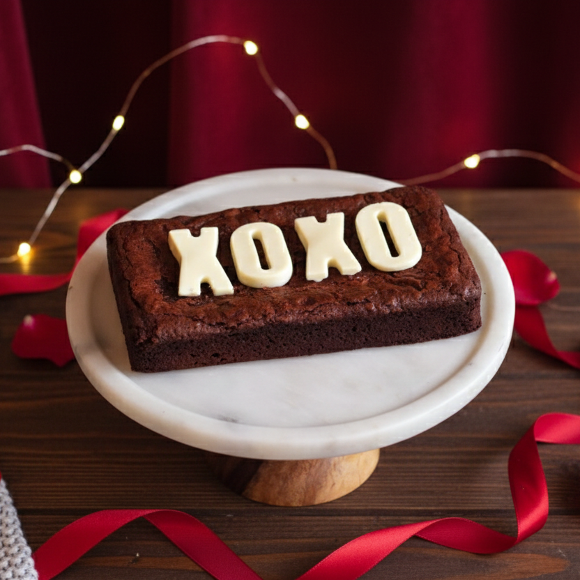Brownie with 'XOXO' letters on a marble stand with red ribbons and lights for valentine day