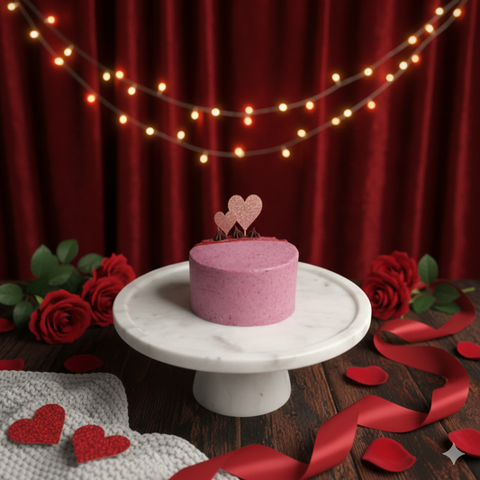 raspberry cake on a white stand with heart decorations against a red curtain backdrop for valentine day.