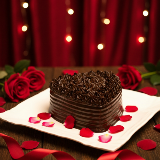 Chocolate cake on a white plate with red roses and petals, against a red curtain backdrop with lights for valentine day