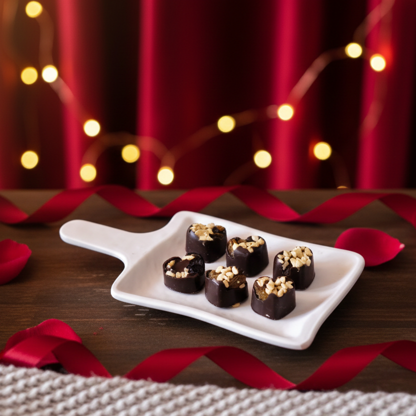Decorative plate of chocolate truffles with red ribbons and lights on a wooden table for valentines day