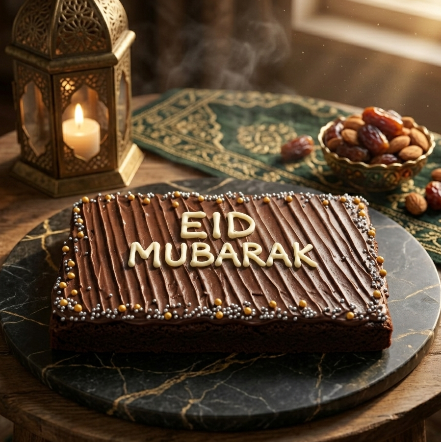 Chocolate brownie with 'EID MUBARAK' text on a wooden table with a candle and dates.