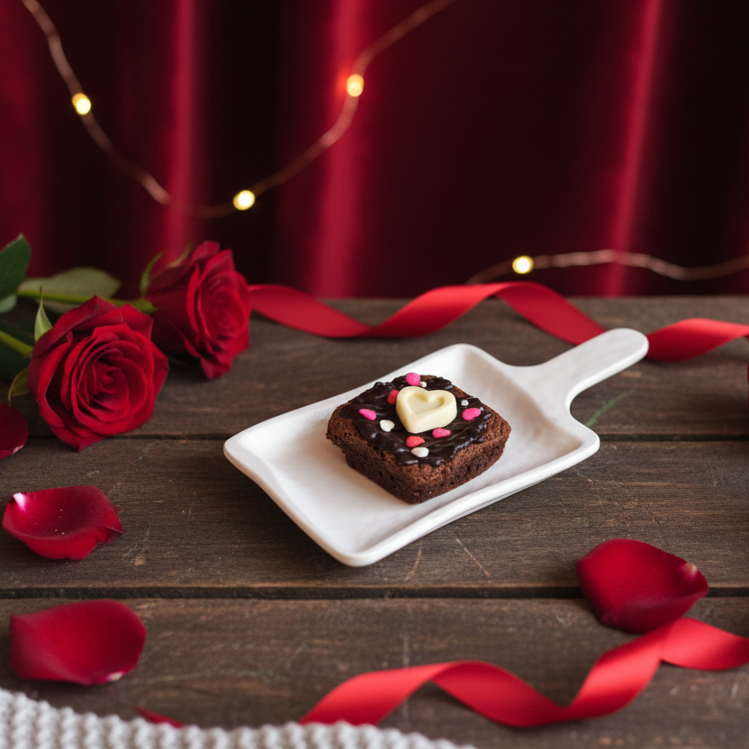 Brownie with chocolate sauce and rose petals on a white plate, surrounded by red roses and ribbons FOR VALENTINE DAY.