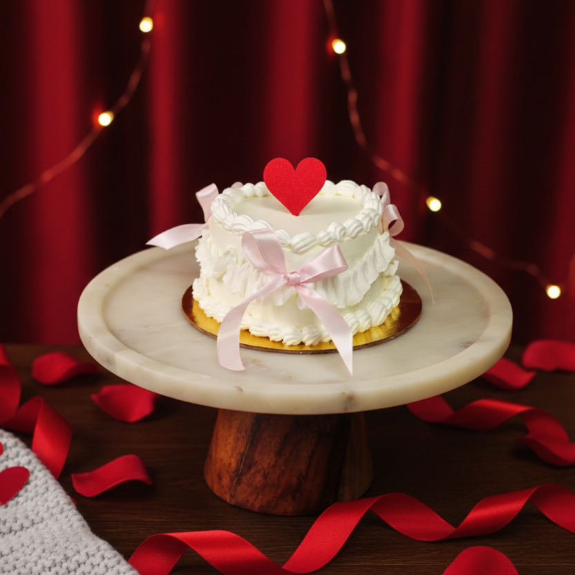 Small white HEART SHAPED cake with a red heart on a marble stand against a red curtain background VALENTINE DAY 