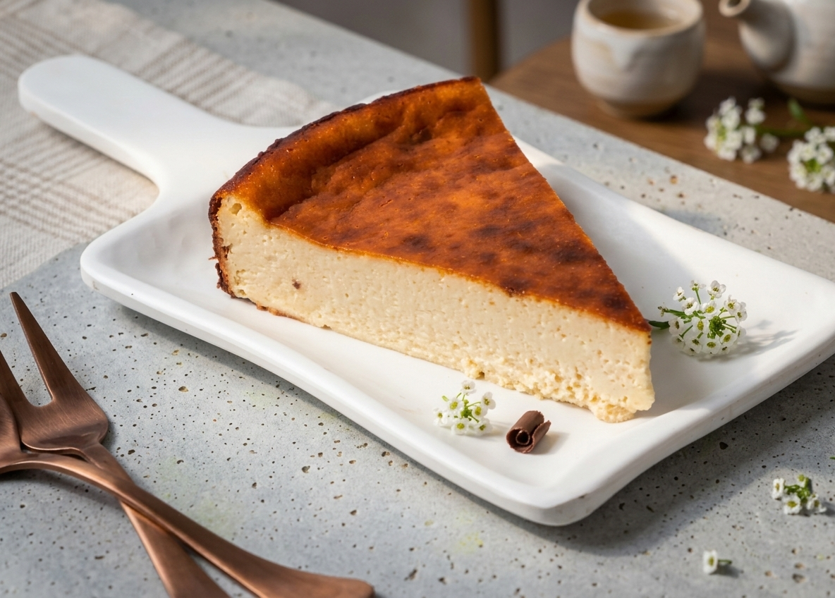 Slice of burnt basque cheesecake on a white plate with flowers and a fork on a gray surface