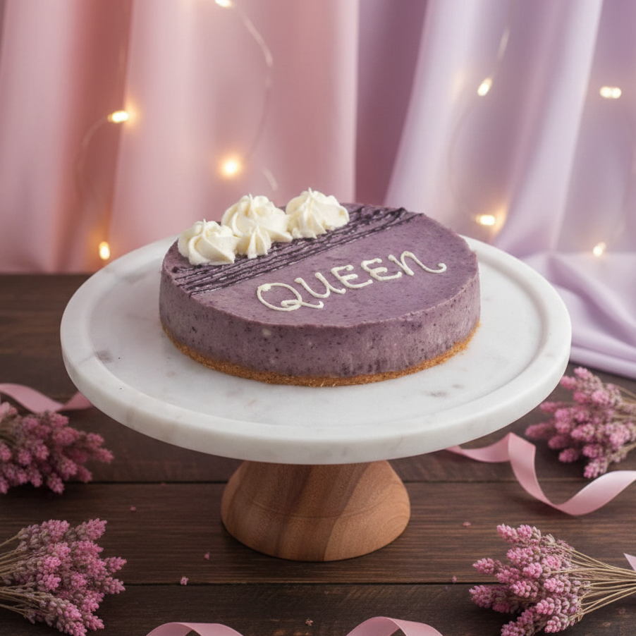 Purple cake on a marble stand with 'QUEEN' written on it, surrounded by pink ribbons and flowers against a soft pink curtain FOR WOMENS DAY