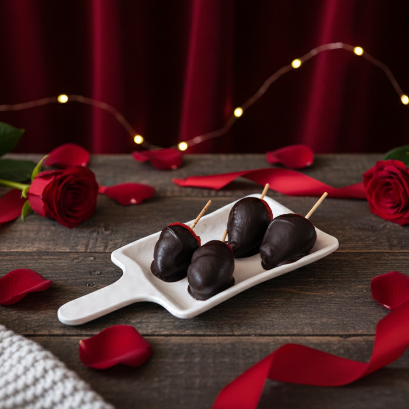 Chocolate-covered STRAWBERRIES on a white plate with red roses and ribbons on a wooden surface FOR VALENTINES DAY
