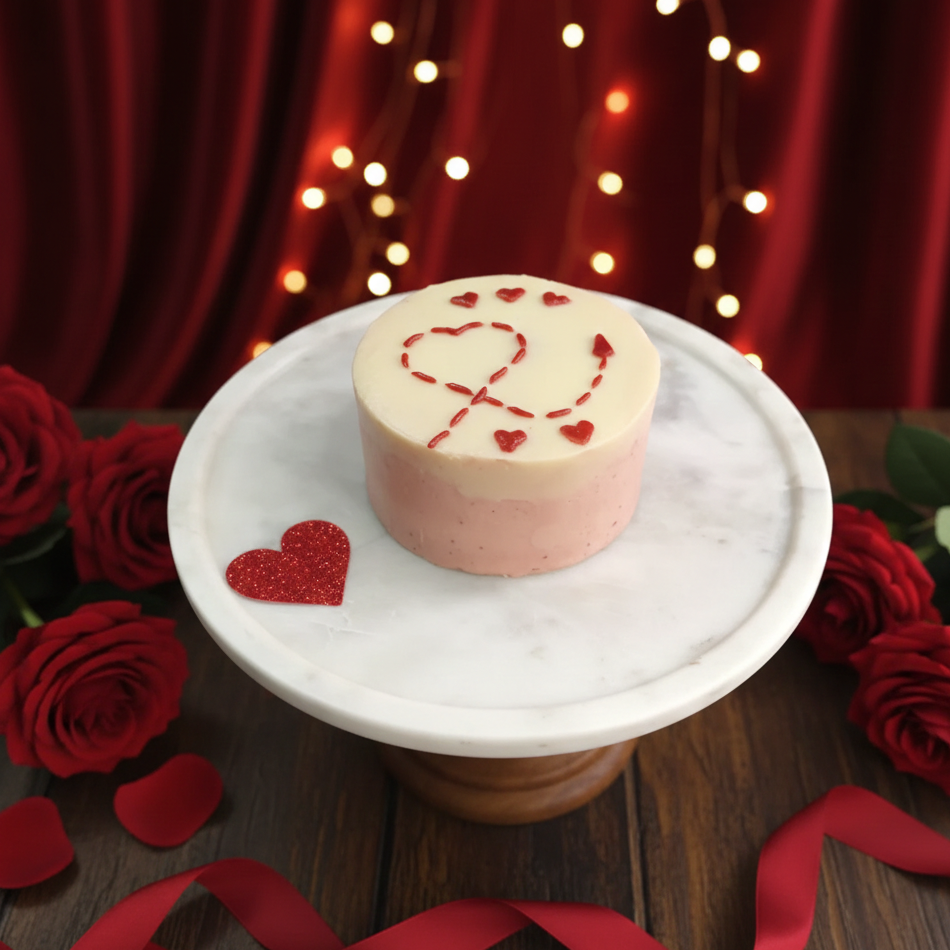 Small round cake with heart designs on a marble stand surrounded by red roses and ribbons against a warm background.