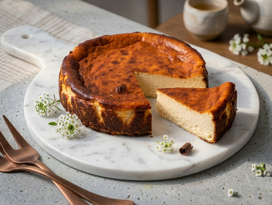 Burnt basque Cheesecake with a slice removed on a marble board with flowers and a fork.